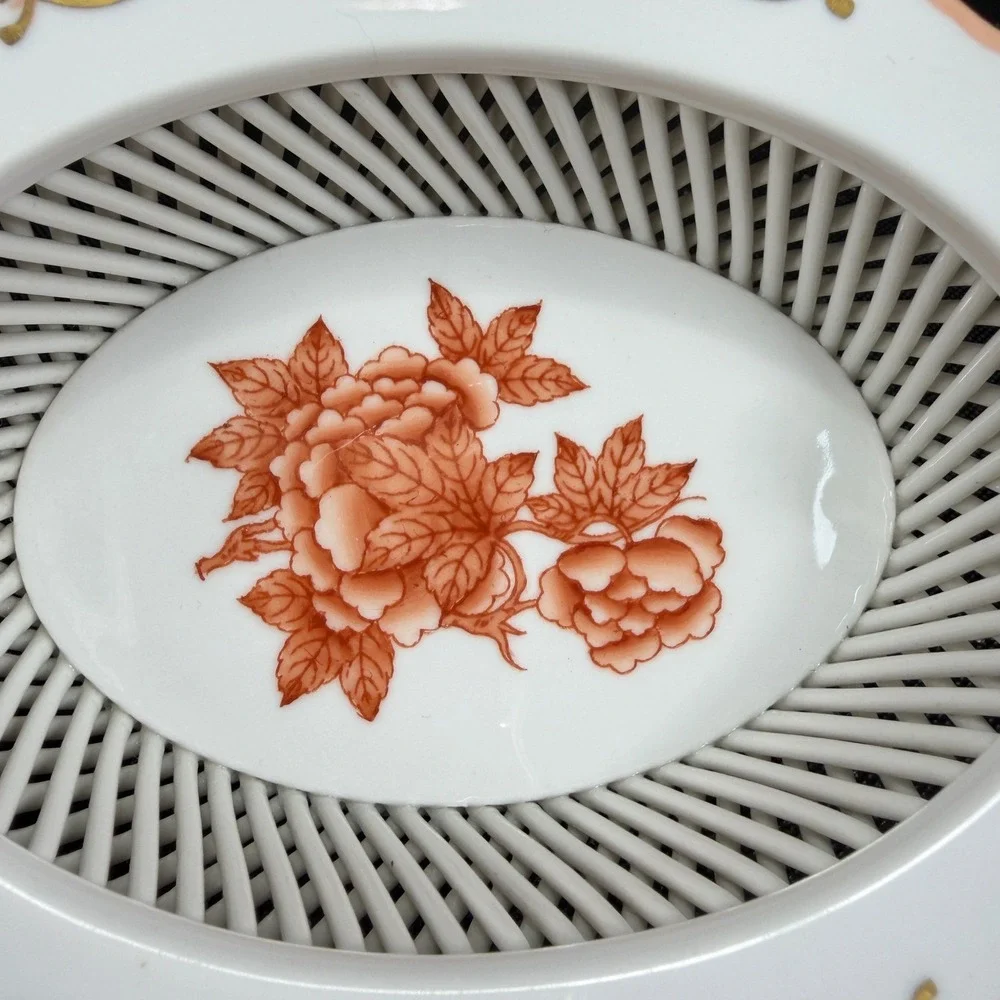 Herend Hungary Hand Painted Rust Floral Reticulated Porcelain Weave Basket Dish